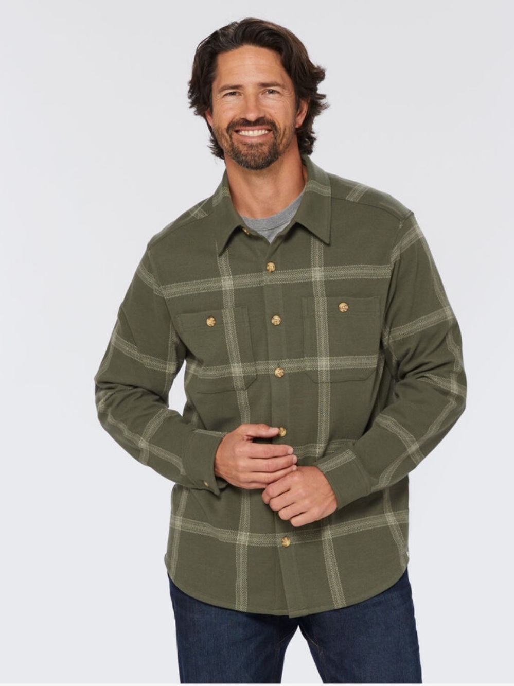 DULUTH TRADING CO Tee Shirt Flannel Plaid Button Down Shirt Green Size X
